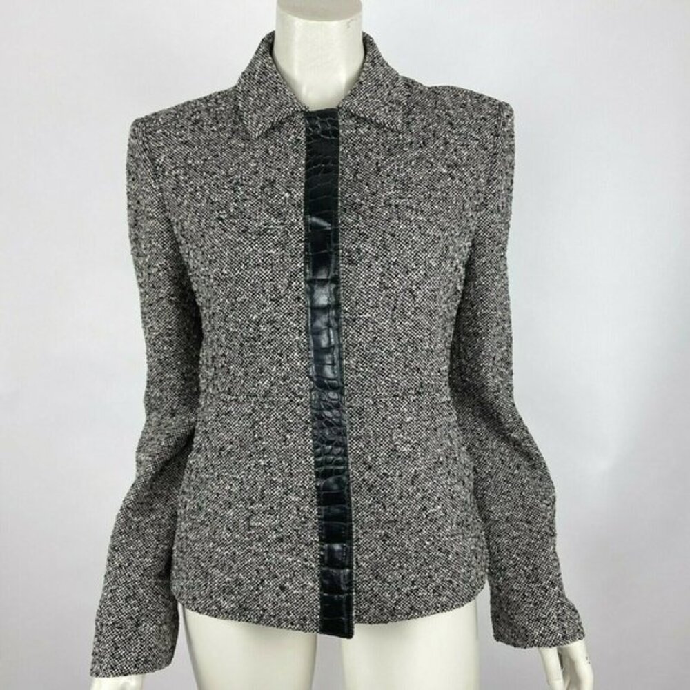 Max Mara Tweed Jacket Leather Trim Button-Up Wool Blend Lined Blazer Women 12